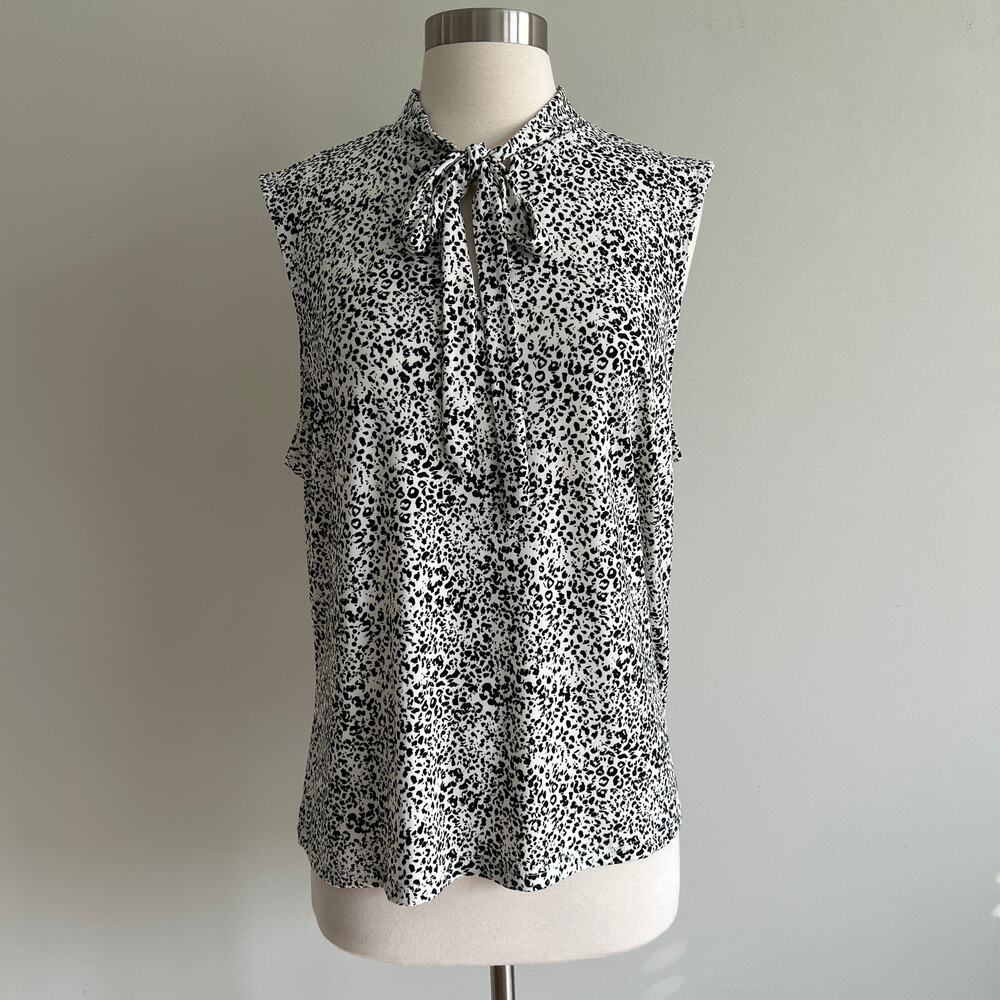 Tahari Neck Bow Blouse Keyhole Sleeveless Animal Print Black White Work Wear XL